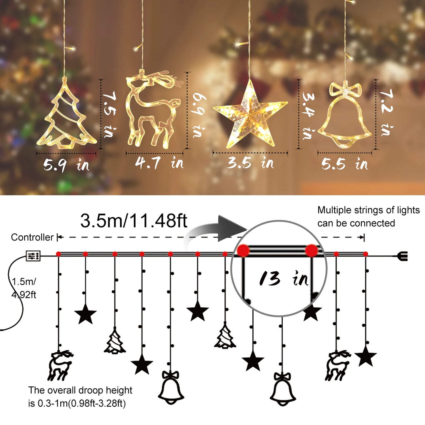 Christmas Decorations, 11.5FT Christmas Hanging Curtain Lights for Indoor Outdoor Window Home Xmas Decor