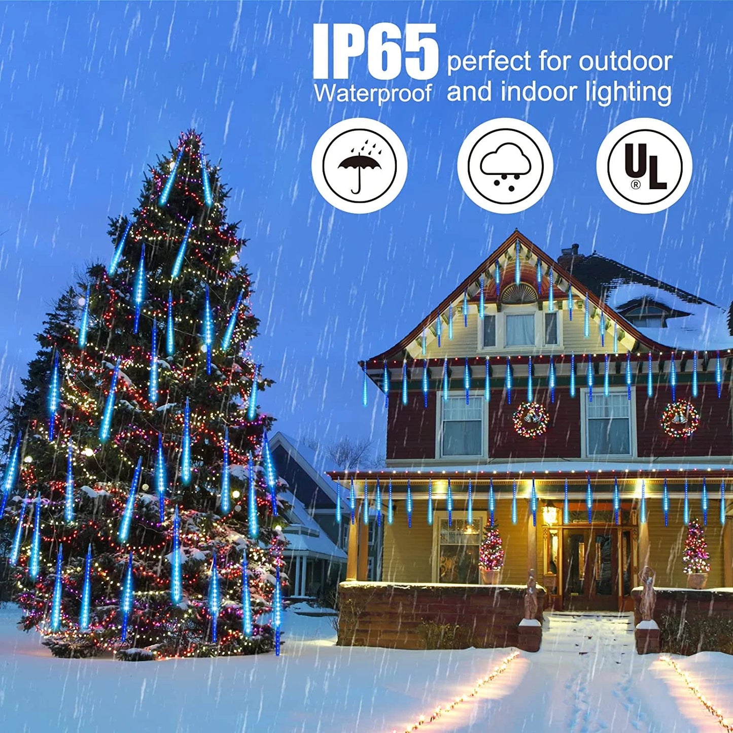 Christmas Lights, Meteor Shower Icicle String Lights, 18 Inches 8 Tubes 288 LED Christmas Lights