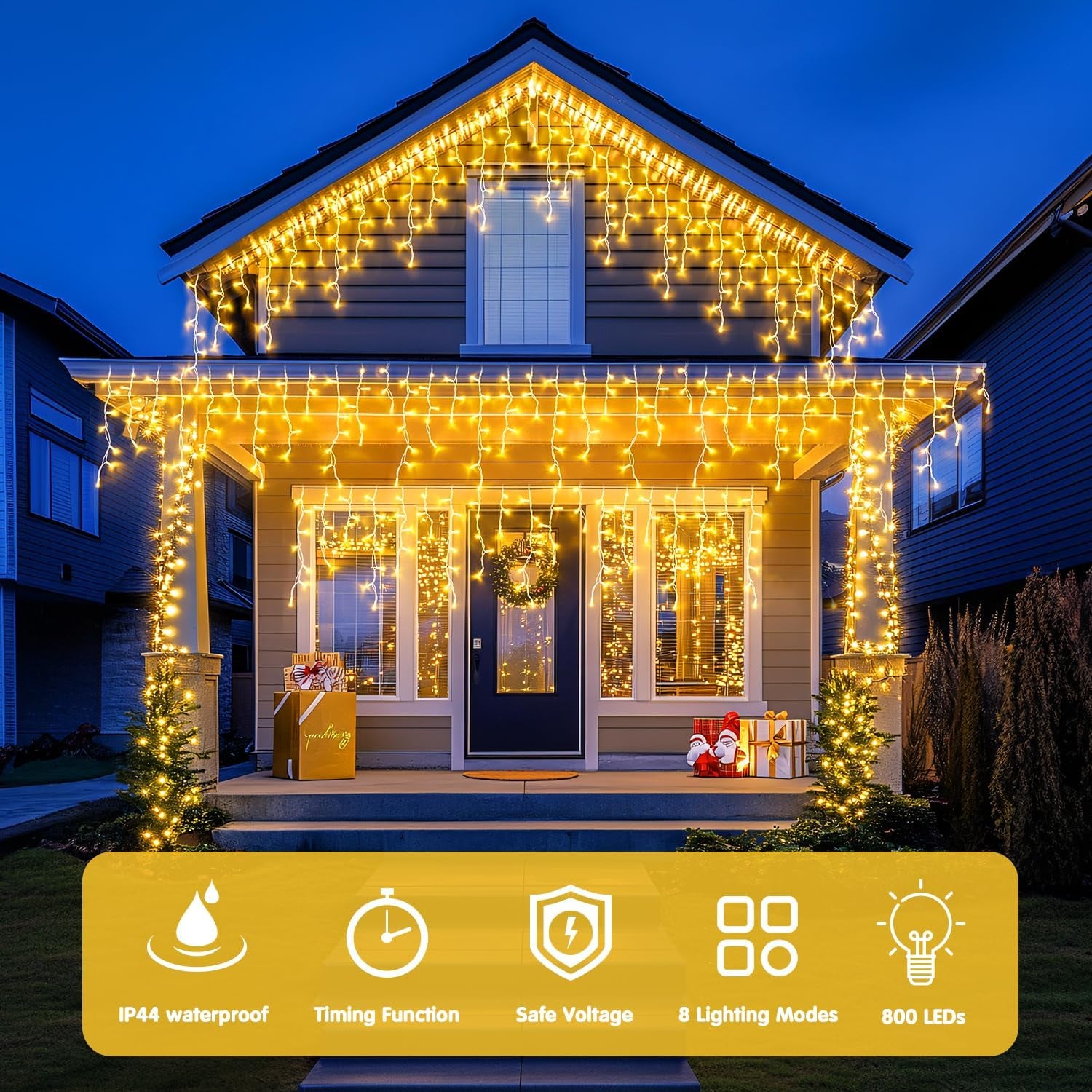 Christmas Icicle Lights for Outside-800 LED Warm White Icicle Lights Outdoor Waterproof, Warm White Christmas String Light for House Wedding Party Christmas Decoration