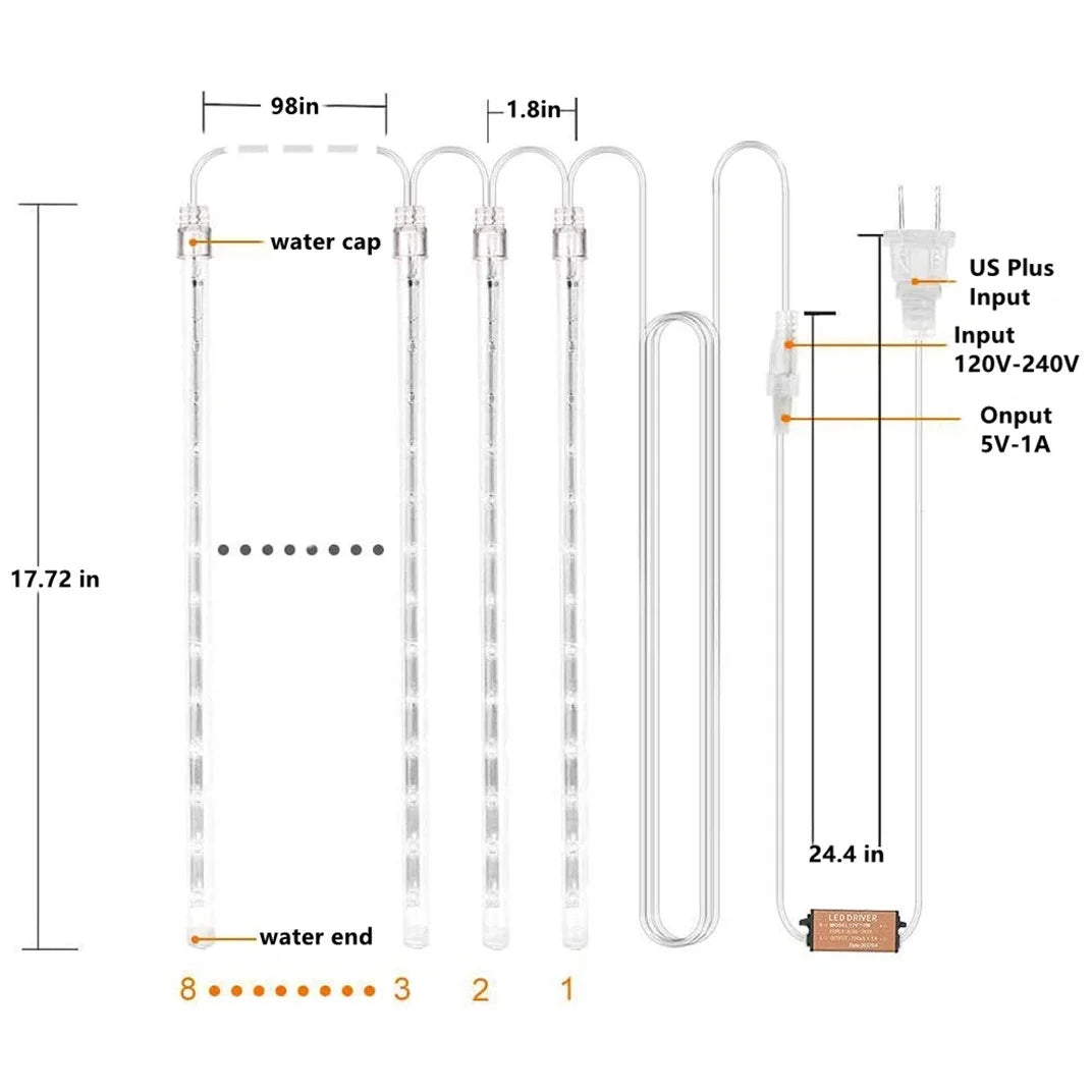 Christmas Lights, Meteor Shower Icicle String Lights, 18 Inches 8 Tubes 288 LED Christmas Lights