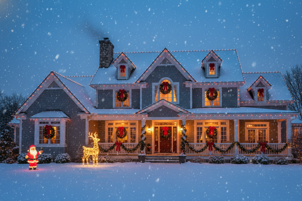 Cozy big house with lots of christmas decor and lights
