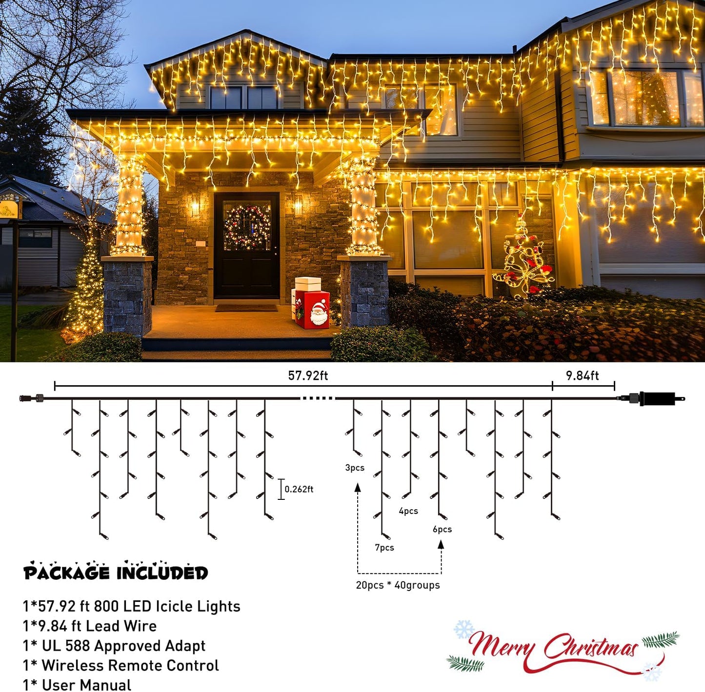 Christmas Icicle Lights for Outside-800 LED Warm White Icicle Lights Outdoor Waterproof, Warm White Christmas String Light for House Wedding Party Christmas Decoration