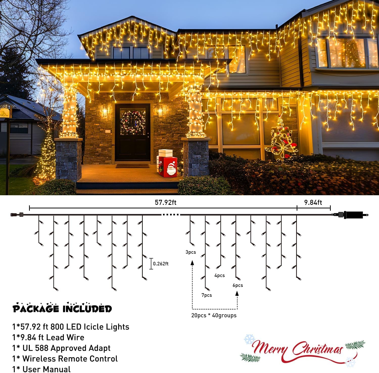 Christmas Icicle Lights for Outside-800 LED Warm White Icicle Lights Outdoor Waterproof, Warm White Christmas String Light for House Wedding Party Christmas Decoration
