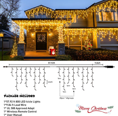Christmas Icicle Lights for Outside-800 LED Warm White Icicle Lights Outdoor Waterproof, Warm White Christmas String Light for House Wedding Party Christmas Decoration